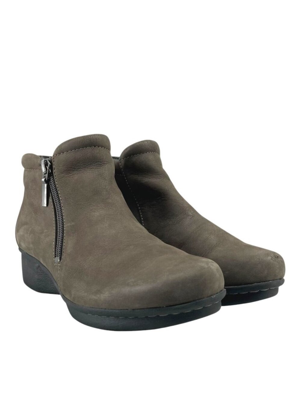 Dansko Lee Taupe Nubuck Leather Ankle Boots 37 7 Side Zip Low Wedge Heel Bootie